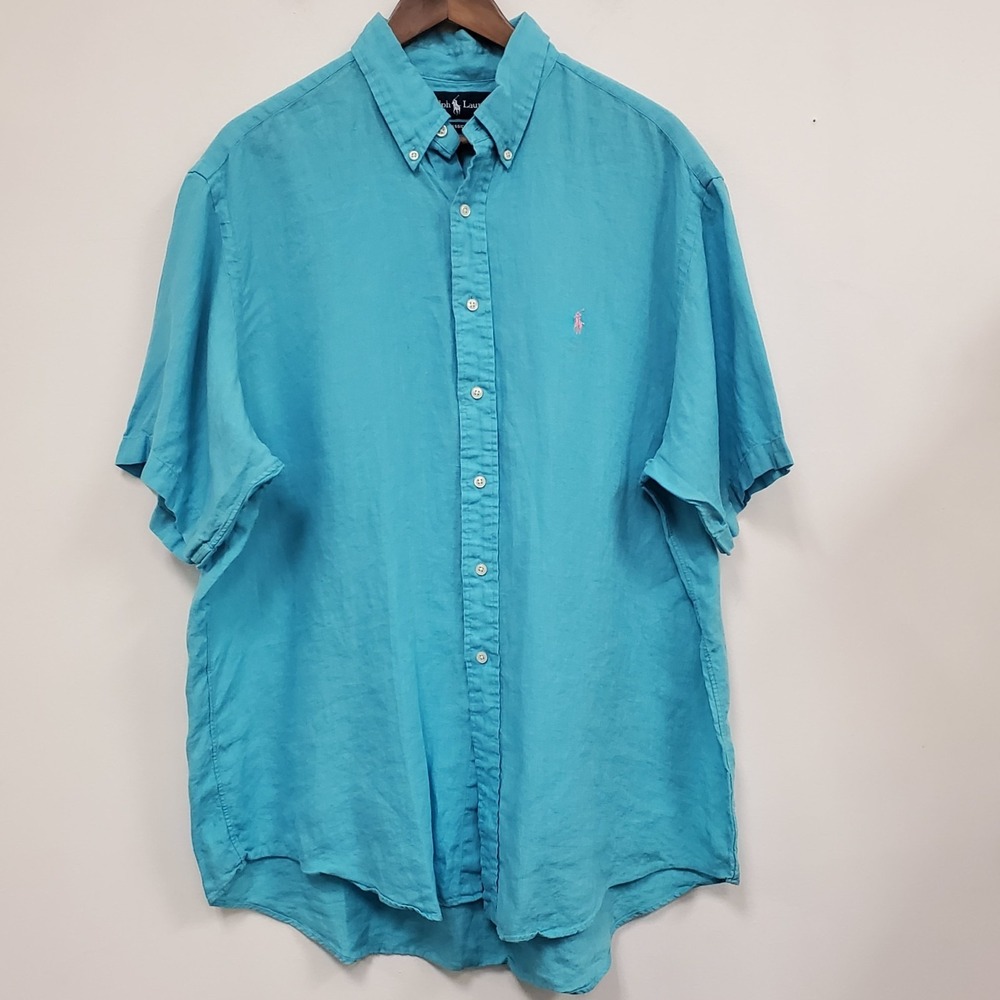 Ralph Lauren Mens Short Sleeve Linen Classic Fit Button Up Shirt Size XL Blue